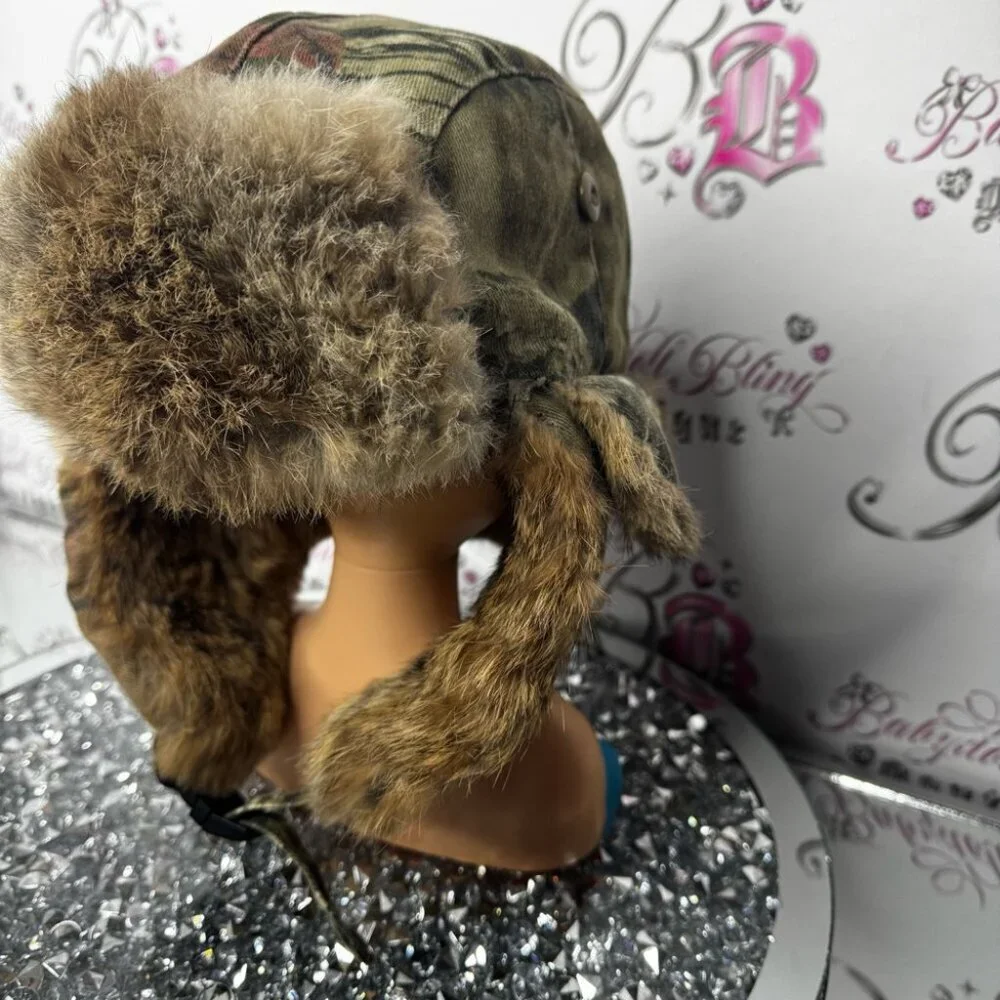 Toque hat trapper camo fur real rabbit Camouflage Fur-Lined Hat embroidered